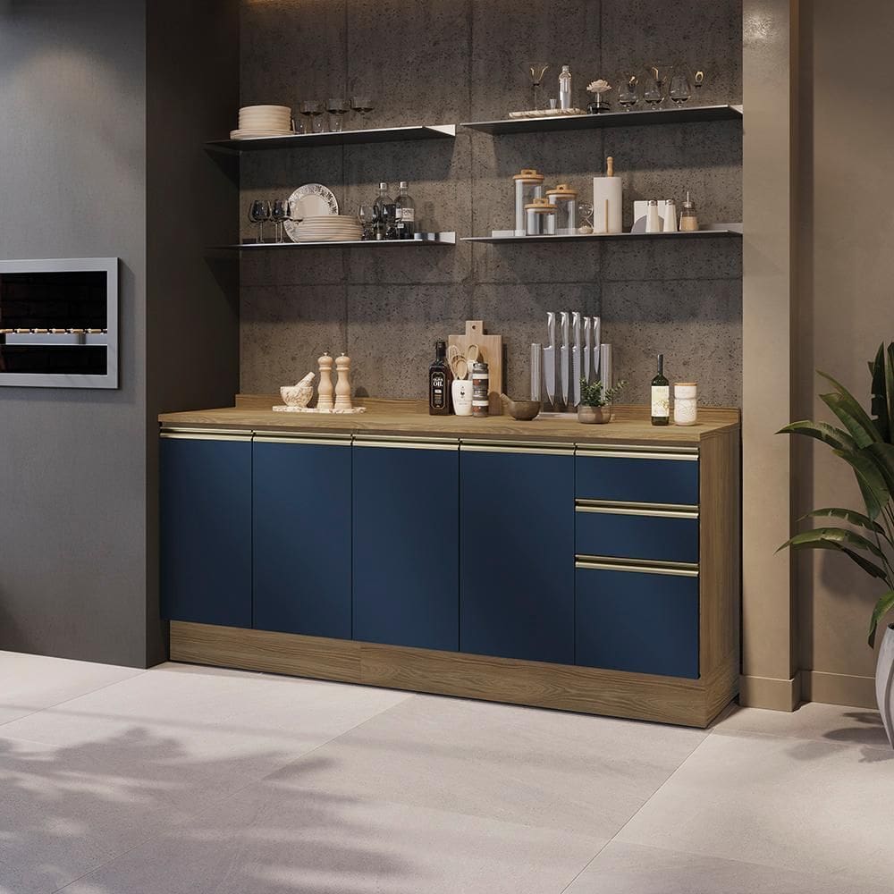 Balcões de Cozinha 100% MDF 200cm Nogueira/Azul Profundo Celeste Kappesberg