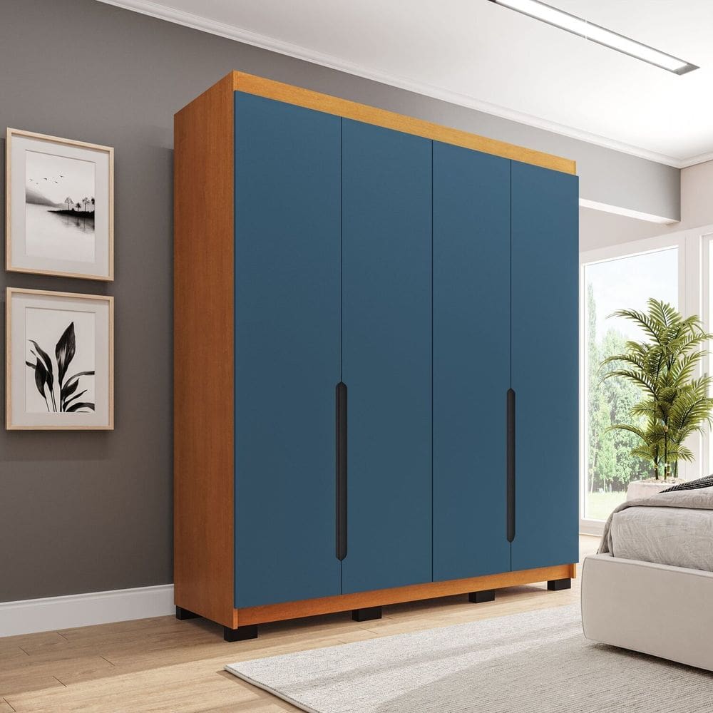 Guarda-roupa Casal 4 Portas Bater Madrid Azul/Freijó