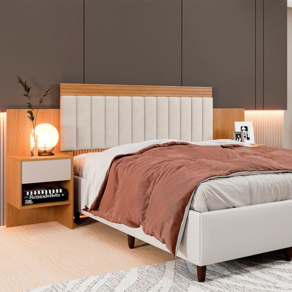 Cabeceira Master Extensiva Estofada Com Mesa De Cabeceira Benetil Moveis