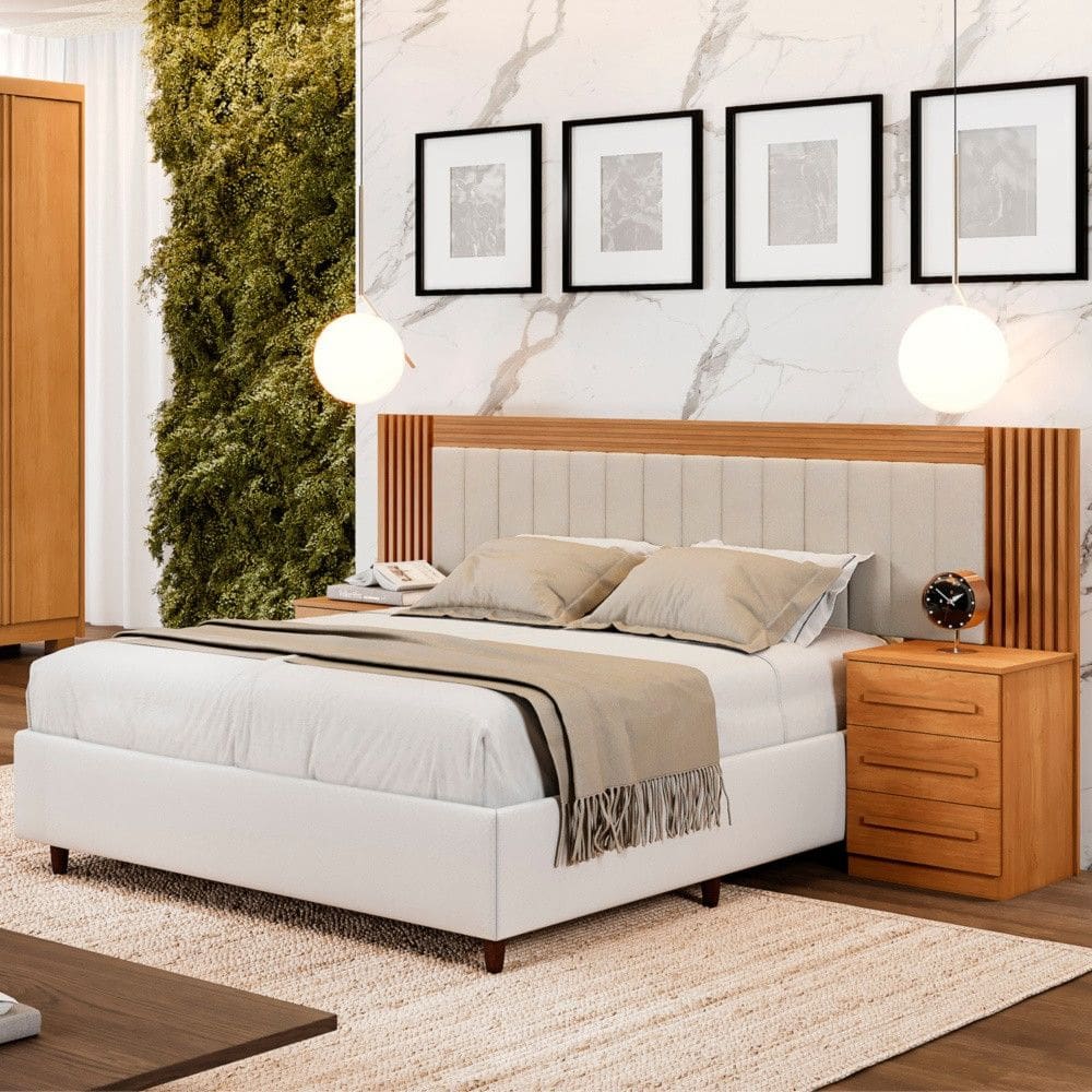 Cabeceira Valencia Extensiva Estofada Com Mesa De Cabeceira Benetil Moveis