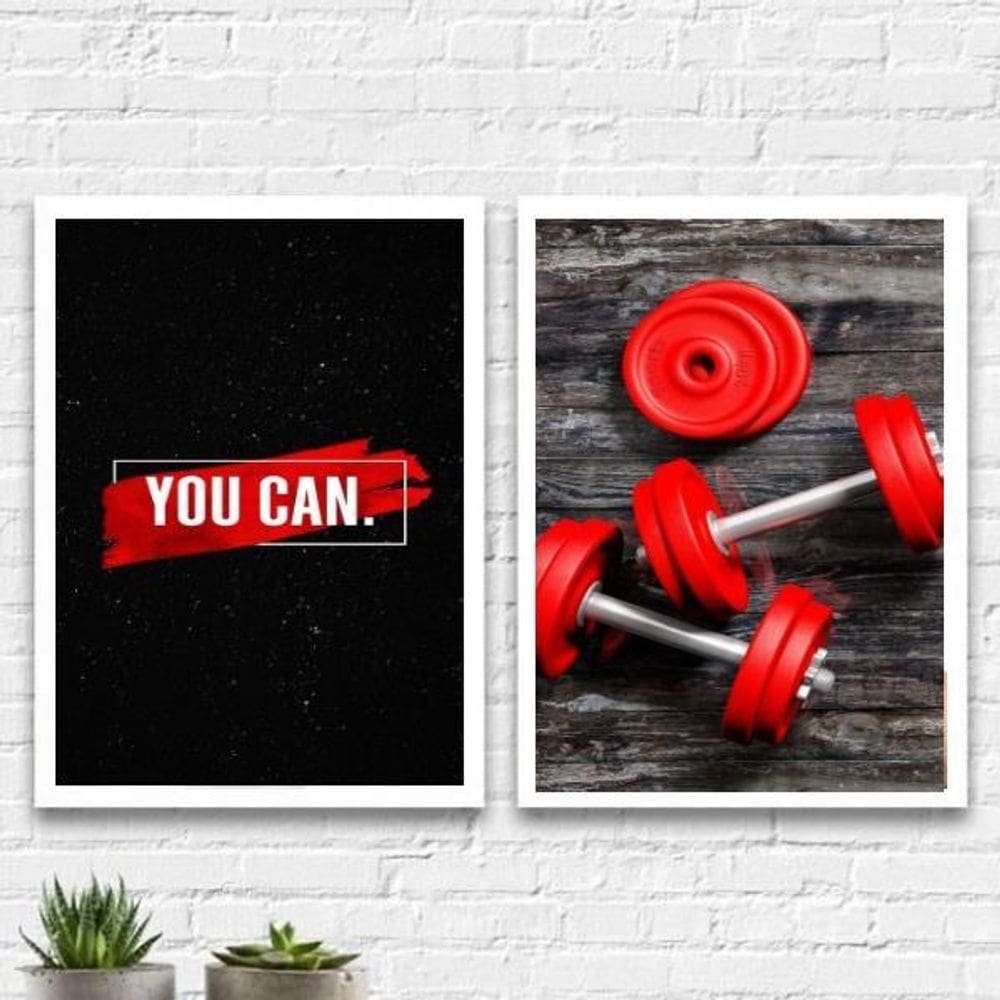 Kit 2 Quadros Halteres De Academia You Can 24X18Cm