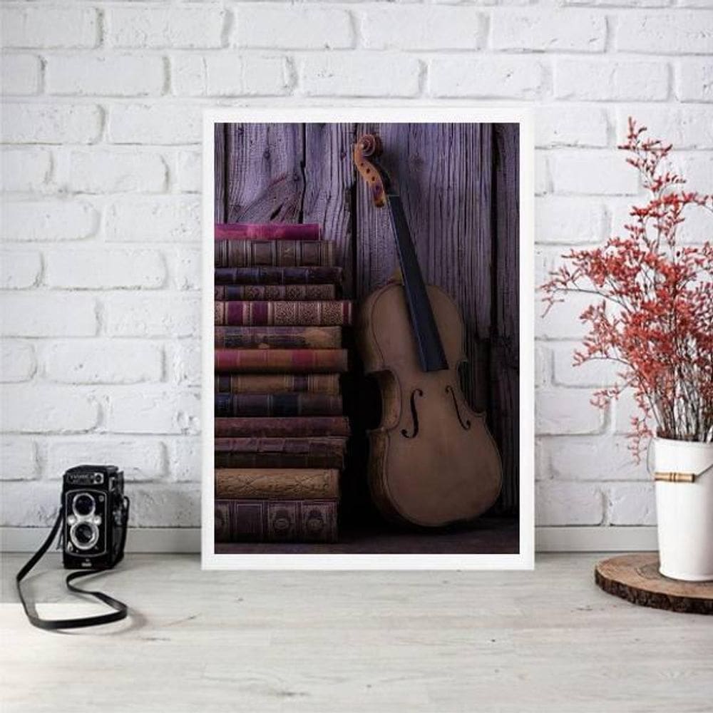 Quadro Decorativo Violino Com Livros 33X24Cm Moldura Branca