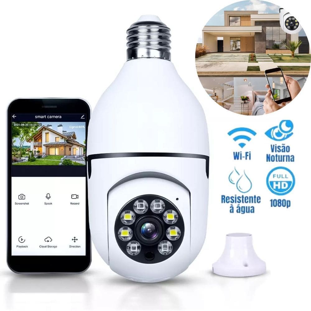 Câmera Lâmpada Wi-Fi 360 Com Visão Noturna Instalação Rápida