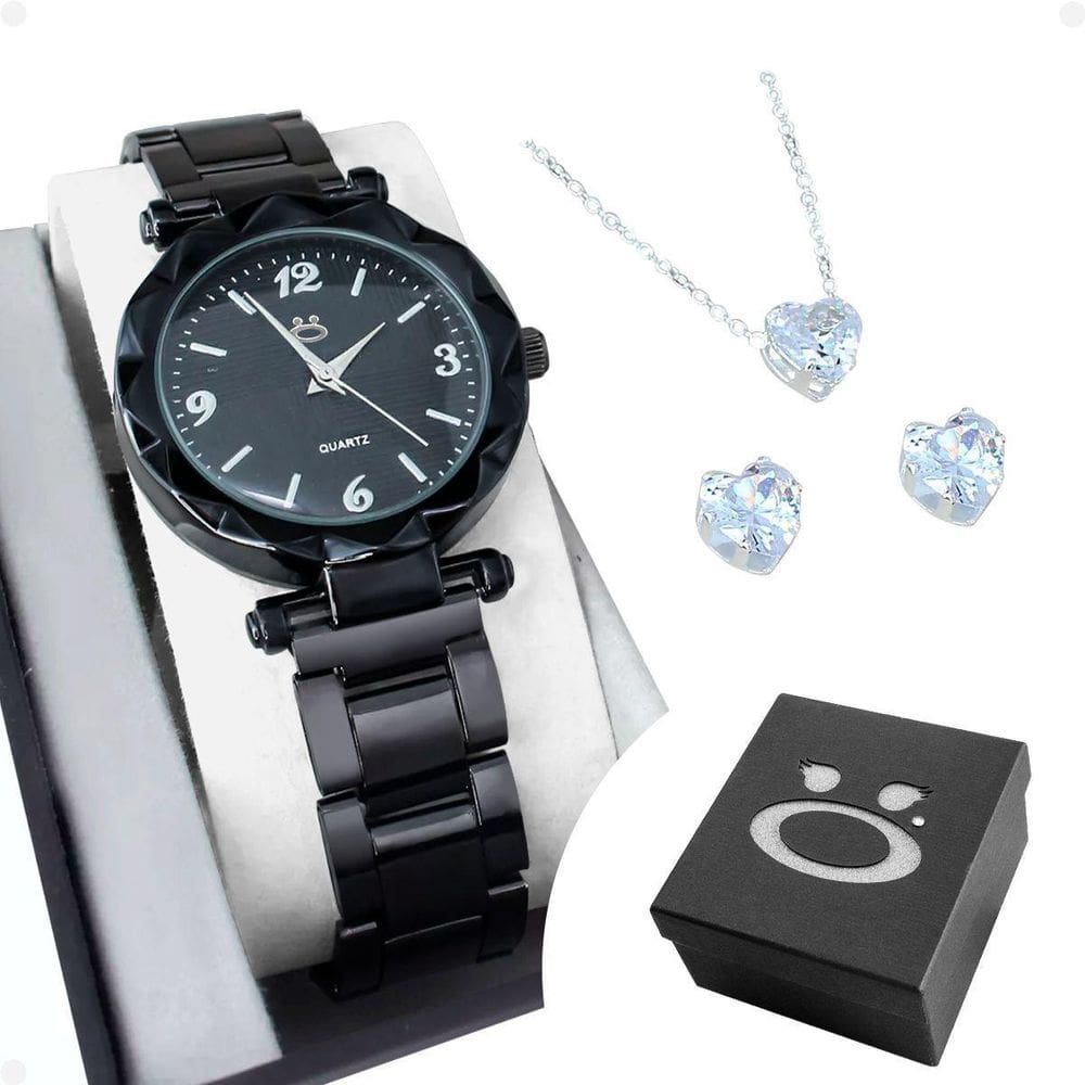 Relógio Feminino Preto Aço + Caixa + Brincos Ajustável
