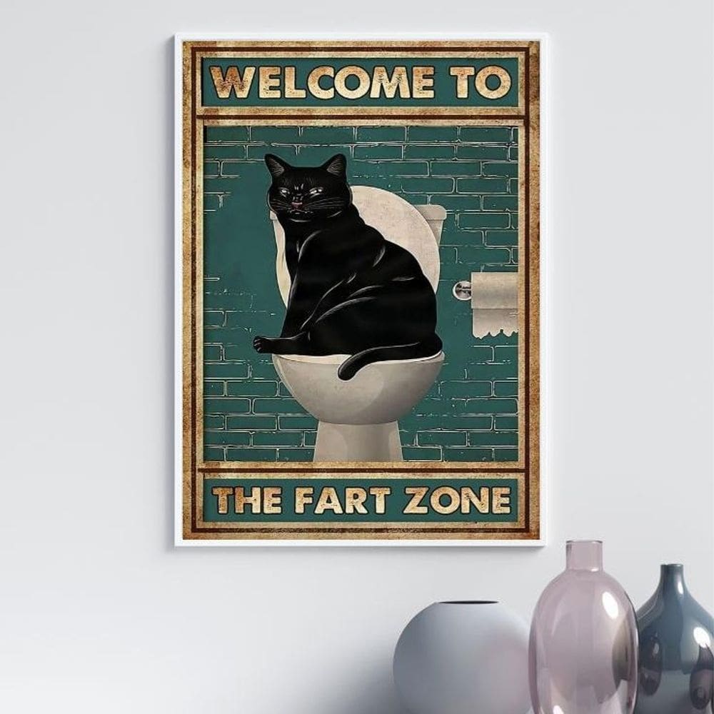 Quadro Divertido Banheiro Gato - Fart Zone 45X34Cm