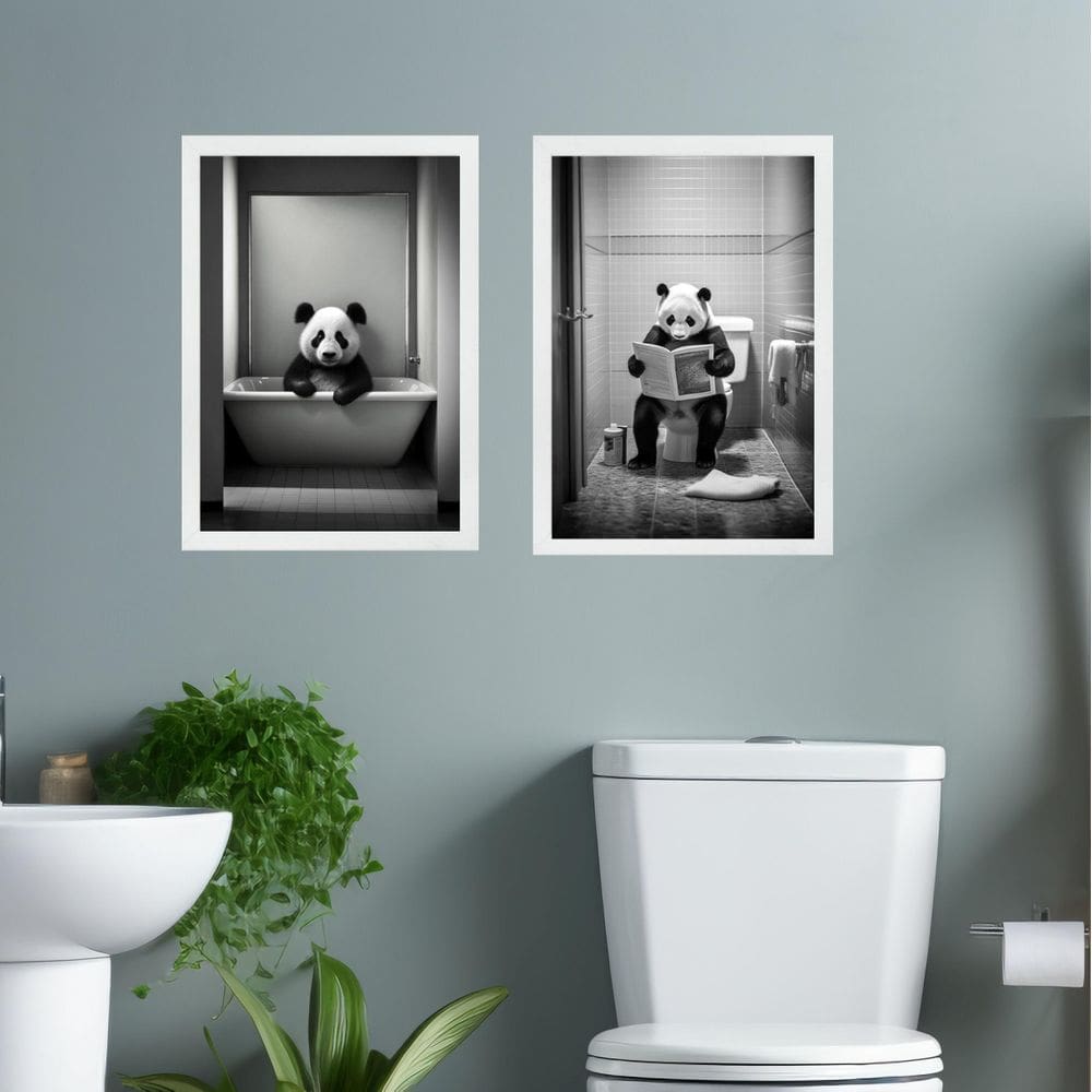 Kit 2 Quadros Decorar Banheiro - Urso Panda 33X24Cm