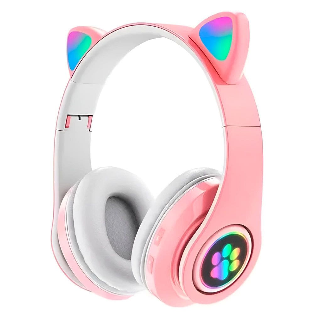 Fone Headset Bluetooth Colorido Led Sem Fio Gatinho Cor:Rosa