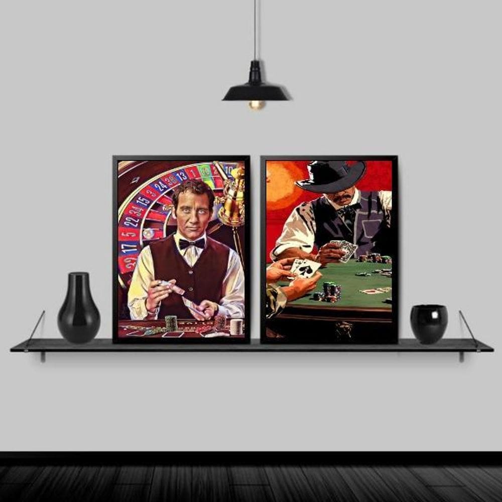 Kit 2 Quadros Decorativos Poker Night 33X24Cm Vidro Preta
