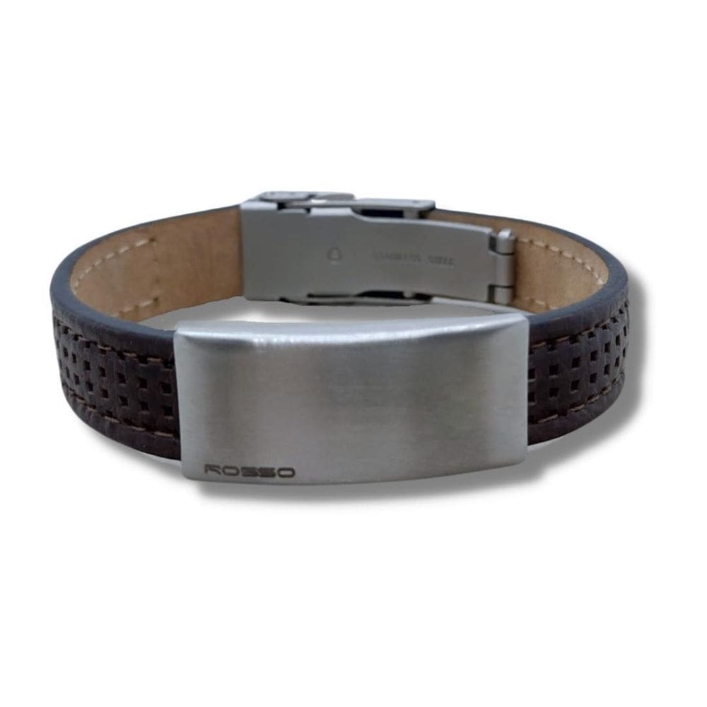 Pulseira Masculina Rosso Em Couro Marrom E Aço Fosco