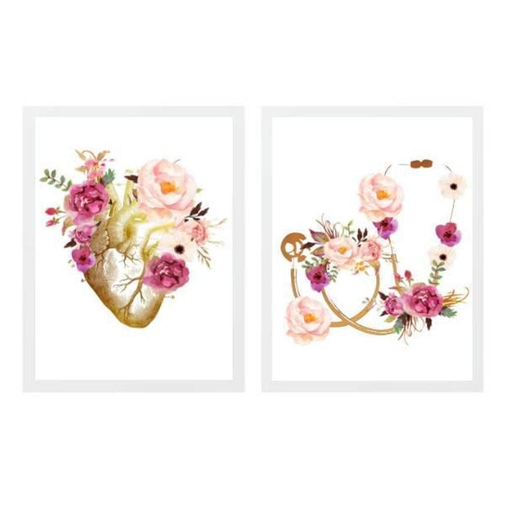 Kit 2 Quadros Coração E Estetoscópio Floral 24X18Cm - Branca