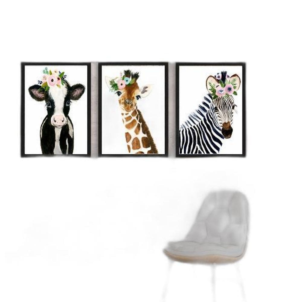 Kit 3 Quadros Animais Coroa Flores 24X18Cm Preta