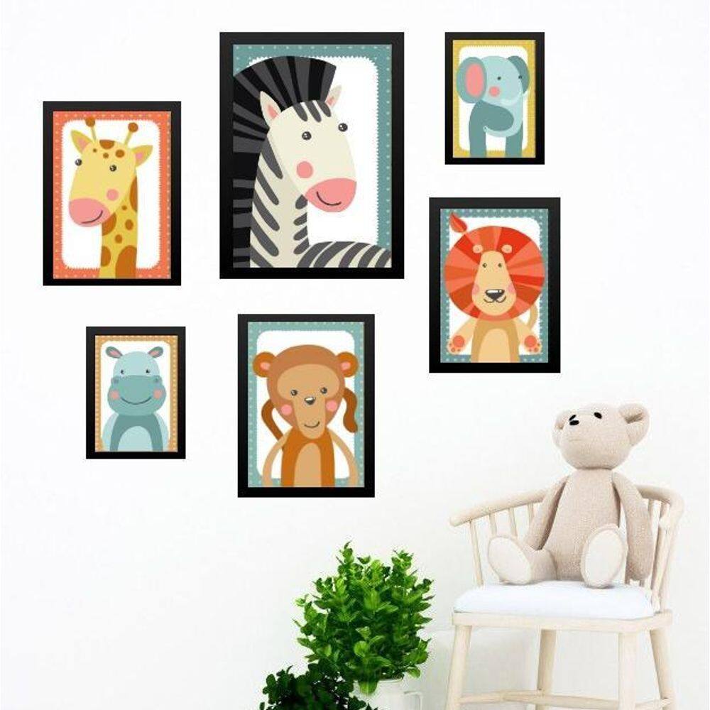 Kit Composição 6 Quadros Infantis Bichos Safari - Com Vidro