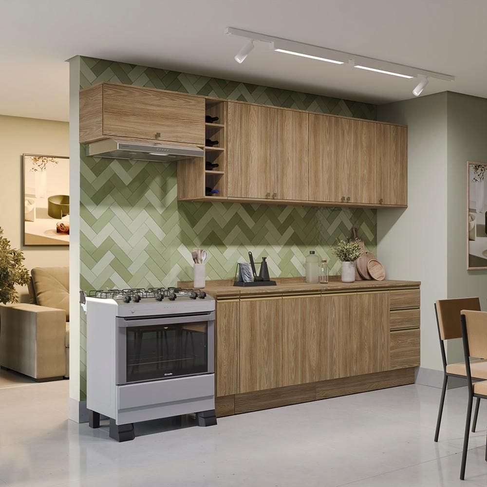 Armário de Cozinha Completa 100% MDF 300cm Nogueira Celeste Kappesberg