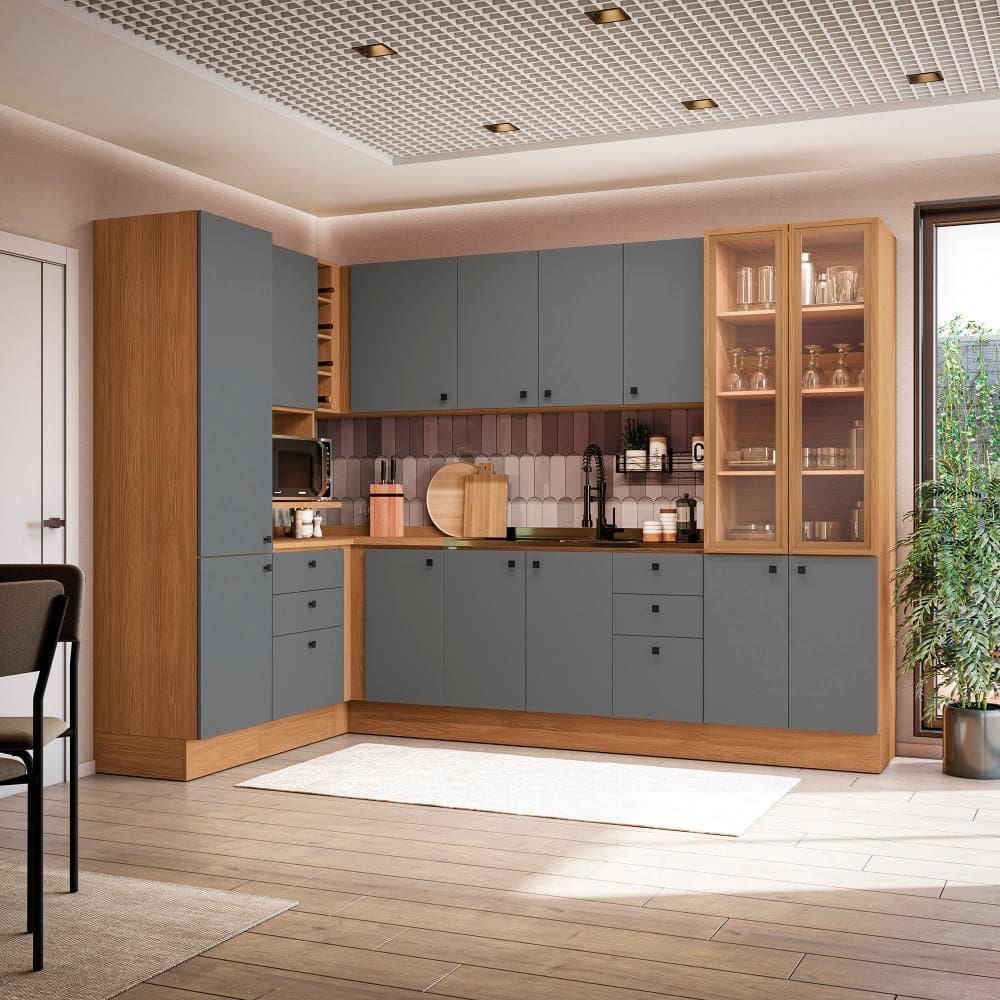Cozinha Modulada Pixel Kappesberg 100% MDP Canela/Cinza Sagrado 456cm