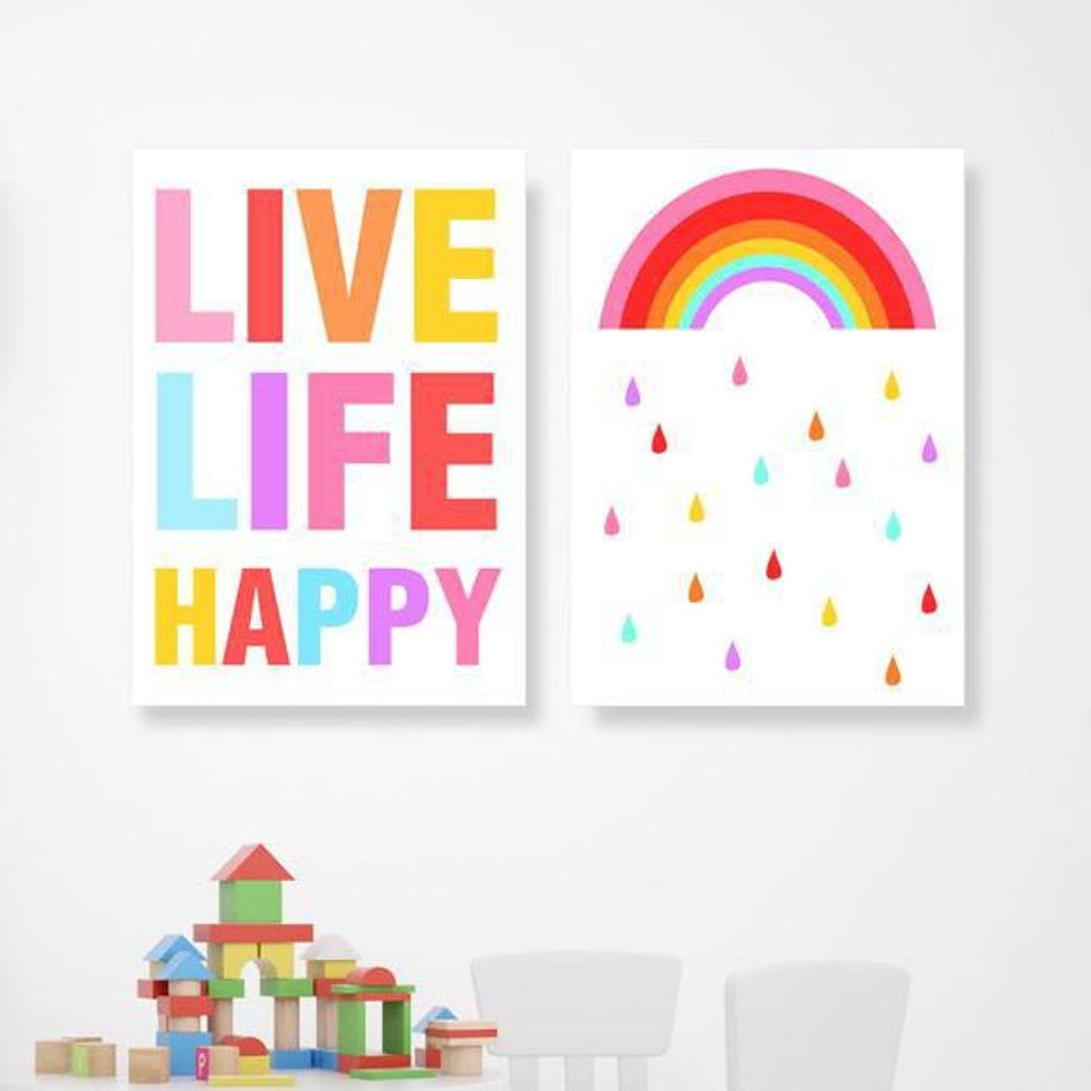 Kit 2 Quadros Live Life Happy 24X18Cm Moldura Branca