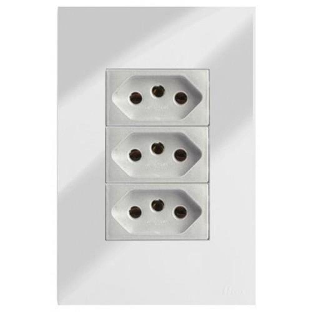 Cj Tomada Tripla 10A 4X2 - Recta Espelhada Prata Gloss