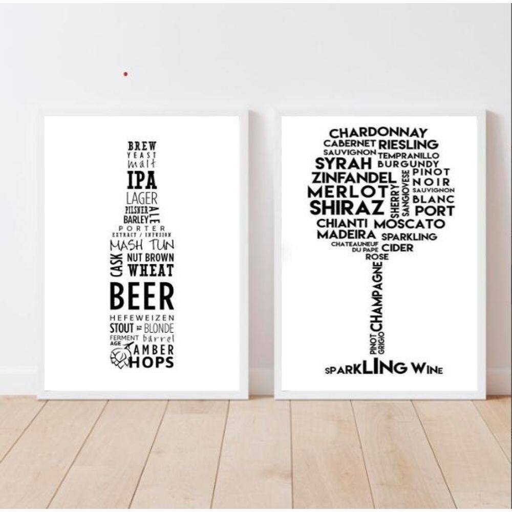 Quadros Cerveja e Vinho 33x24cm - Vidro e Moldura Branca