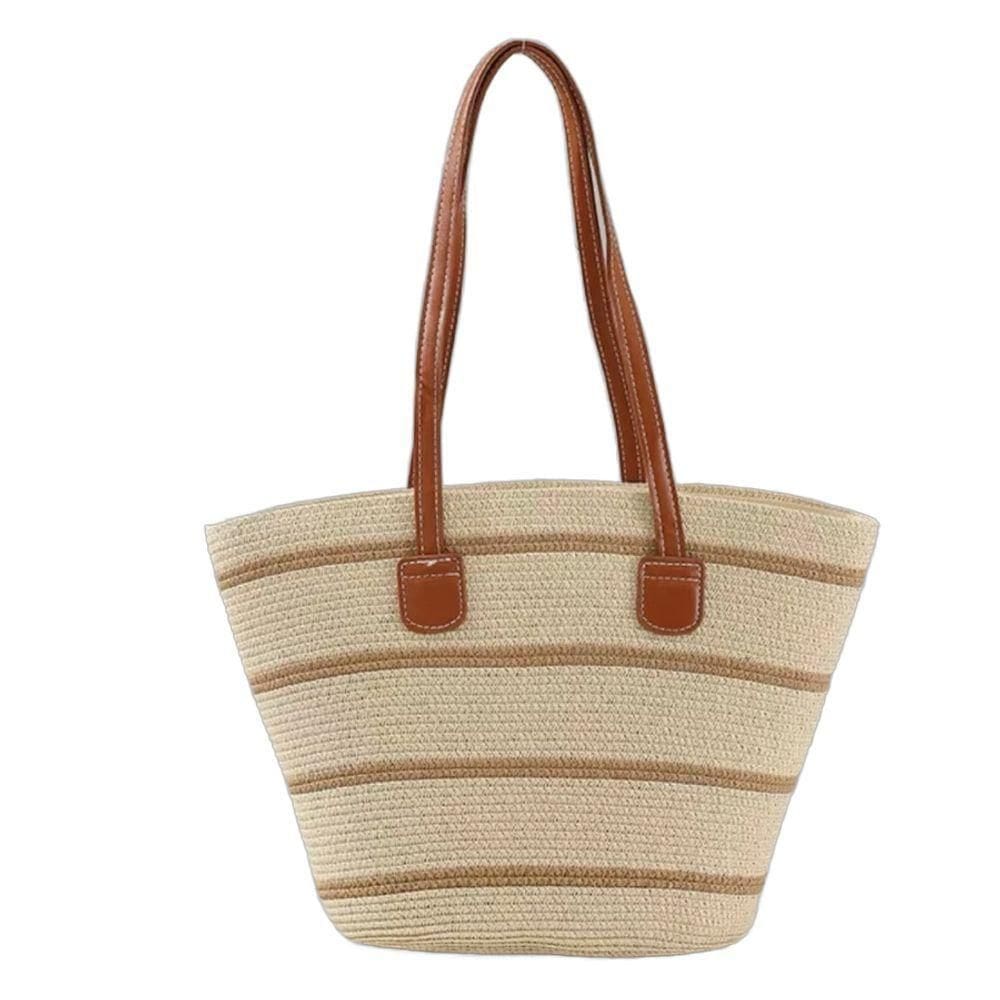 Bolsa De Palha Grande Com Forro Para Praia, Piscina, Férias E Uso Diário - Bege Listrada