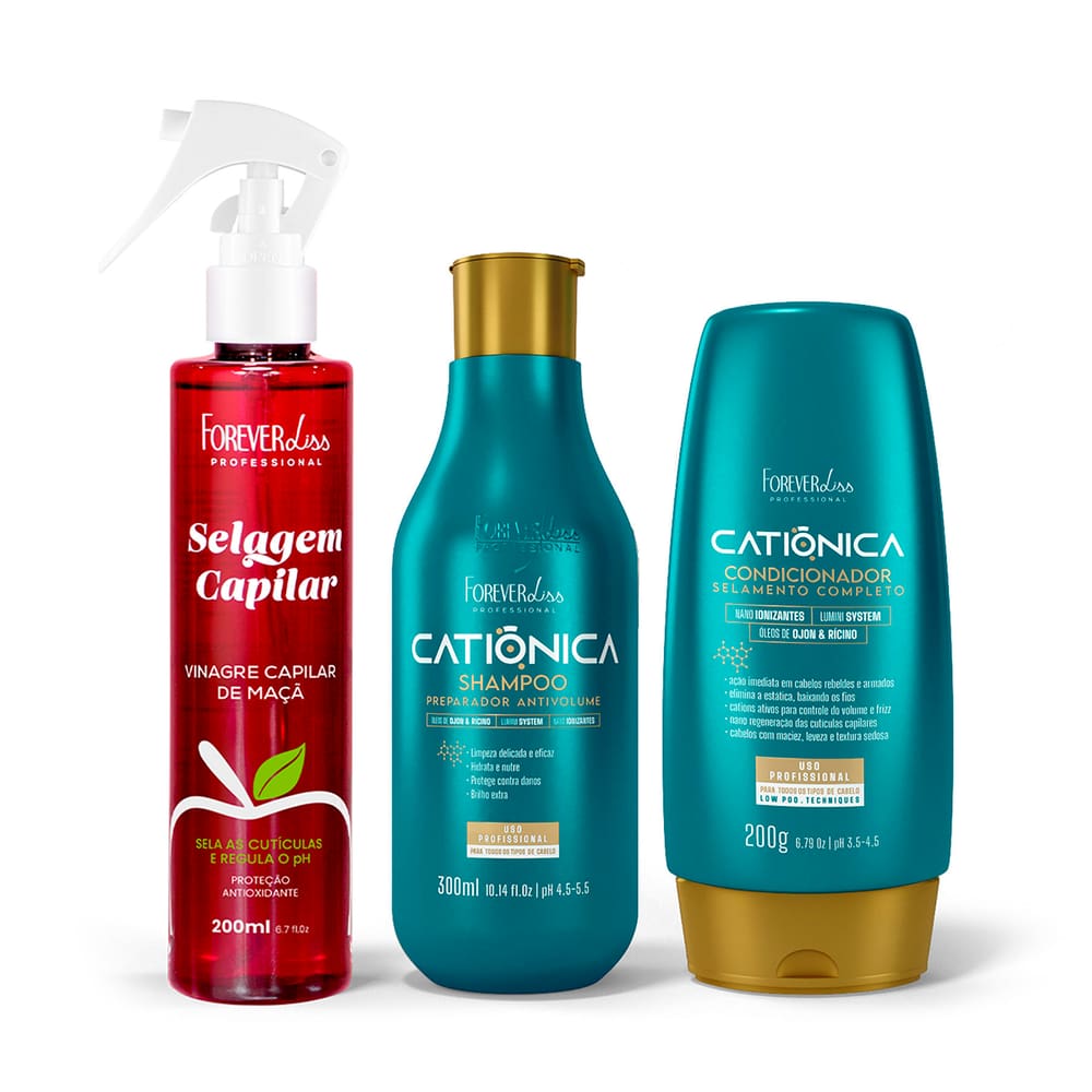 Kit Shampoo, Condicionador Catiônica e Vinagre Forever Liss