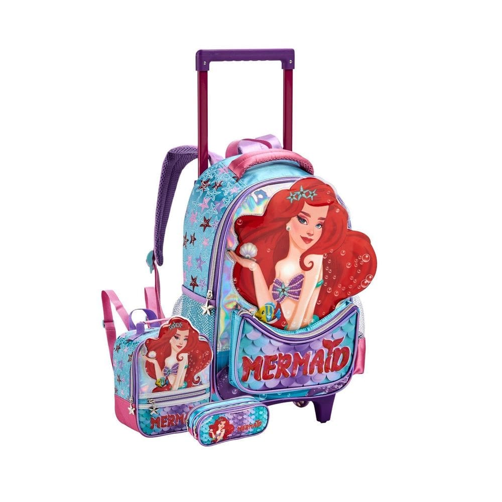 Kit Escolar Mochila Rodas+Lancheira+ Estojo Sereia - Verde