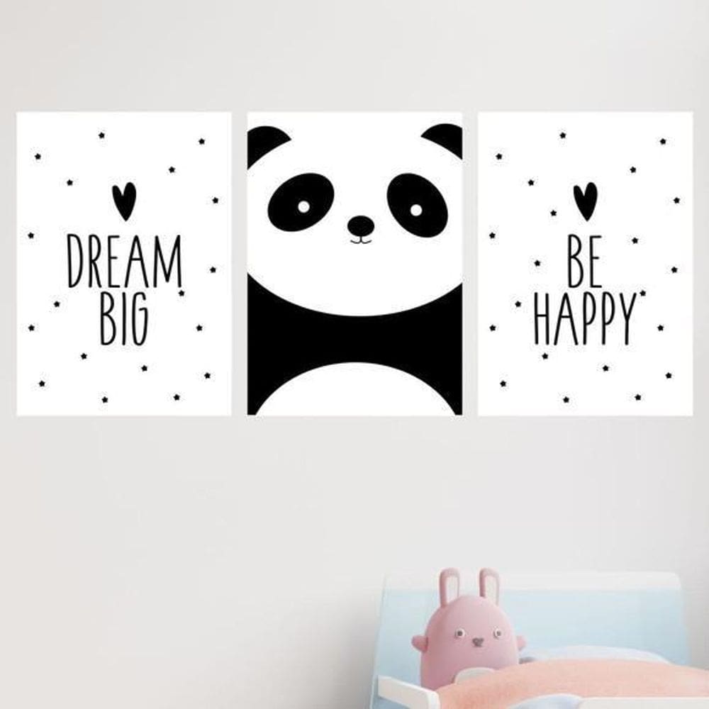 Quadros Panda Dream Big Be Happy Moldura Branca 24X18Cm 3Un