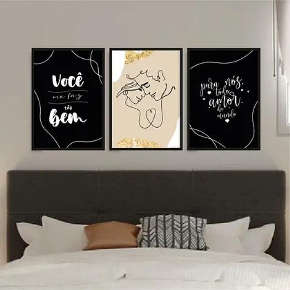 Kit 3 Quadros Casal 45x34cm - Decoração para Quarto e Sala
