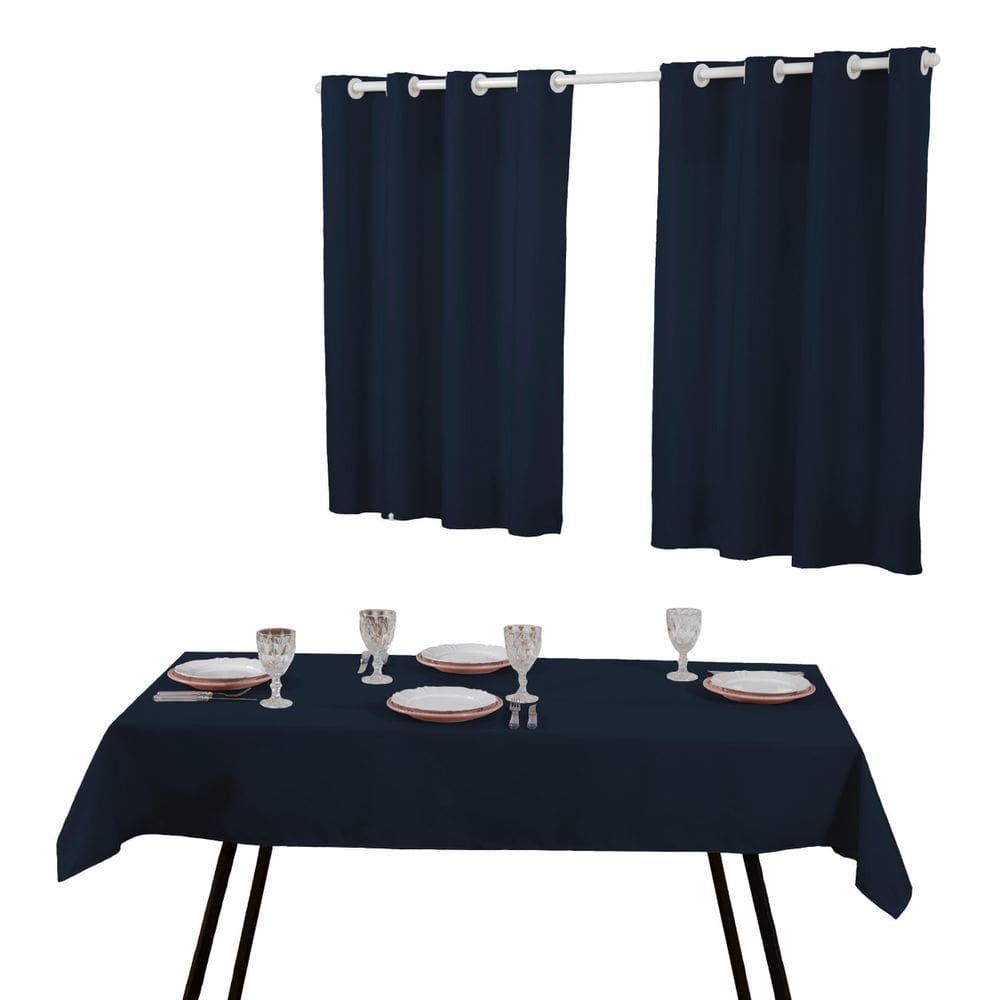 Kit Cortina Cozinha E Toalha De Mesa 6 Cadeiras Azul Marinho