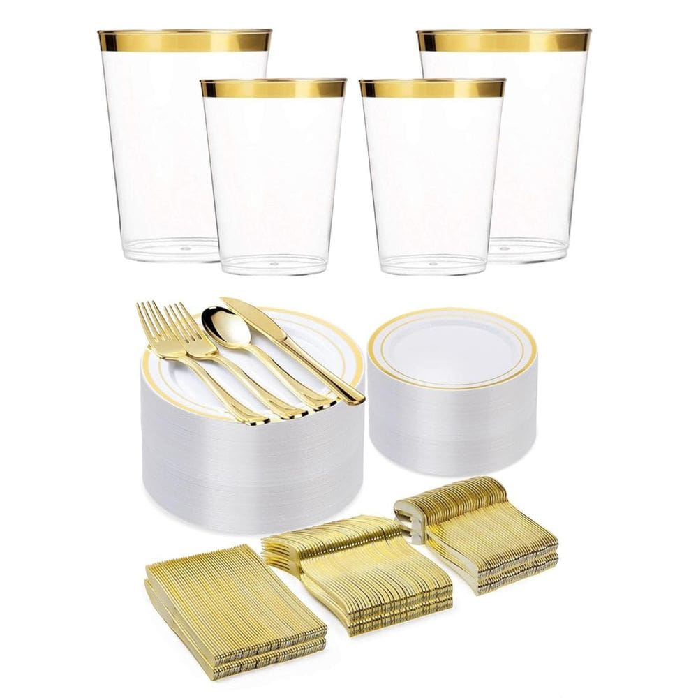 Kit Copo Prato Talher Descartável Luxo 150 Convidados - Gold