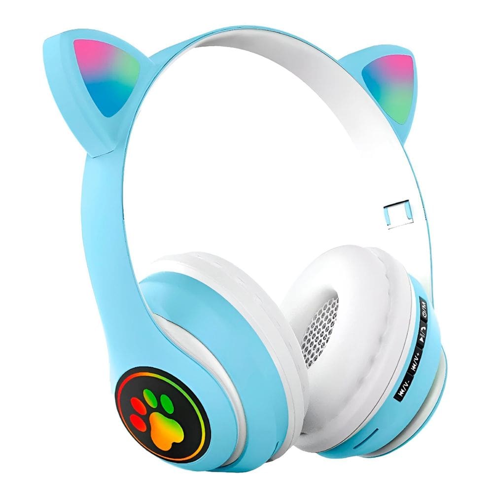 Fone Headset Bluetooth Colorido Led Sem Fio Gatinho Cor:Azul