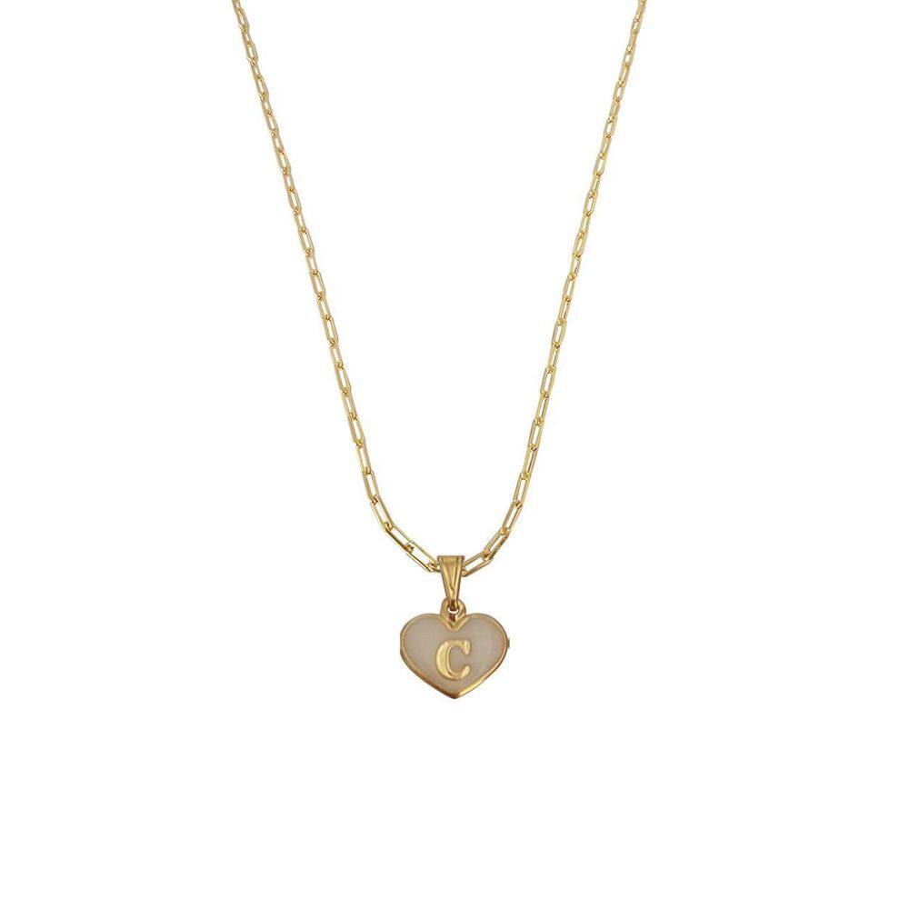 Colar Cartier 45Cm Coração Branco Letra C Banhado Ouro 18K