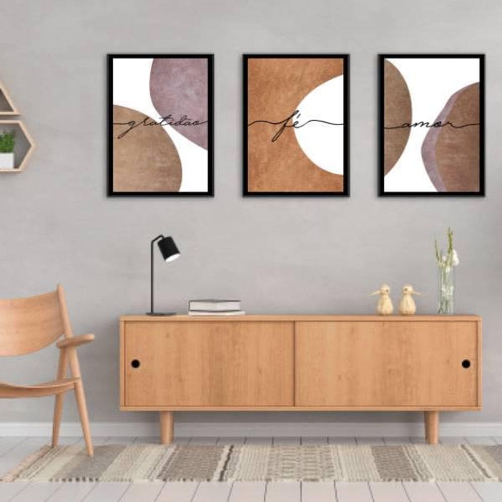 Kit 3 Quadros Amor, Fé, Gratidão - Abstrato 45X34Cm