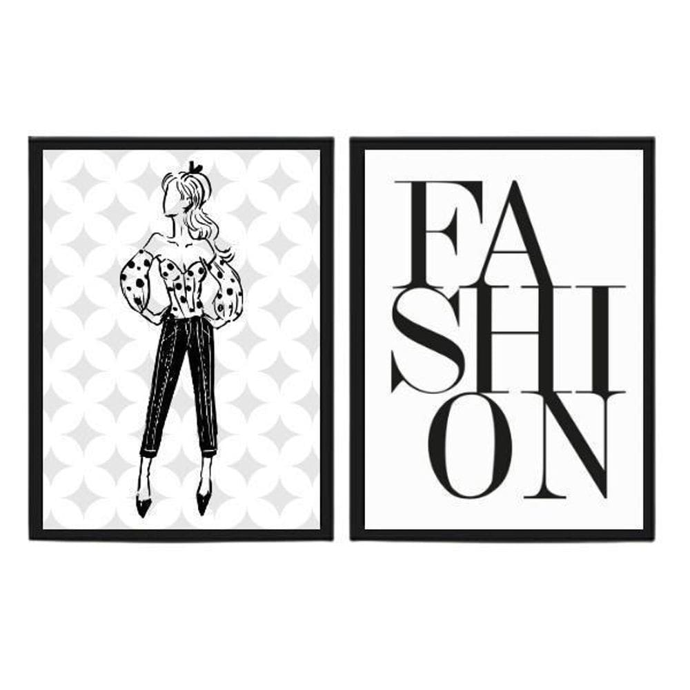 Kit 2 Quadros Moda Feminina Fashion 33X24Cm - Madeira Preta