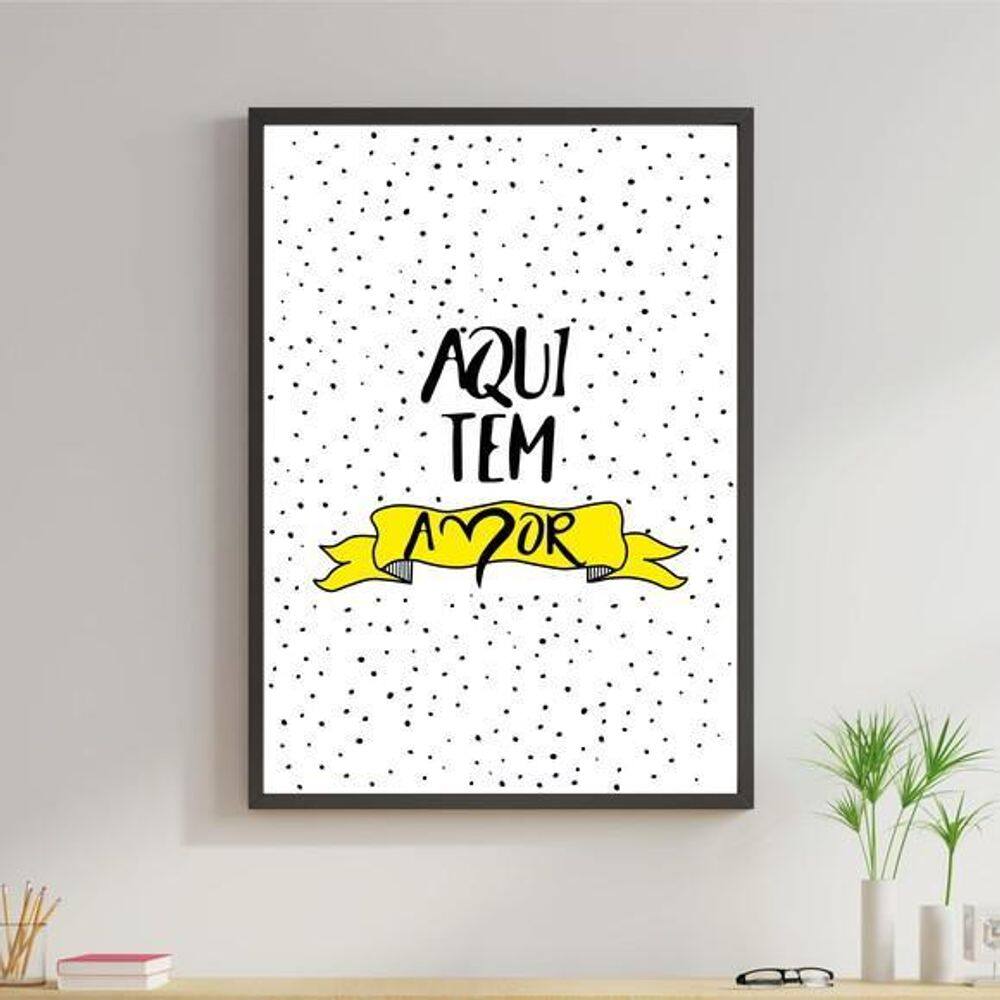 Quadro Aqui Tem Amor- Amarelo 60X40Cm Moldura Preta