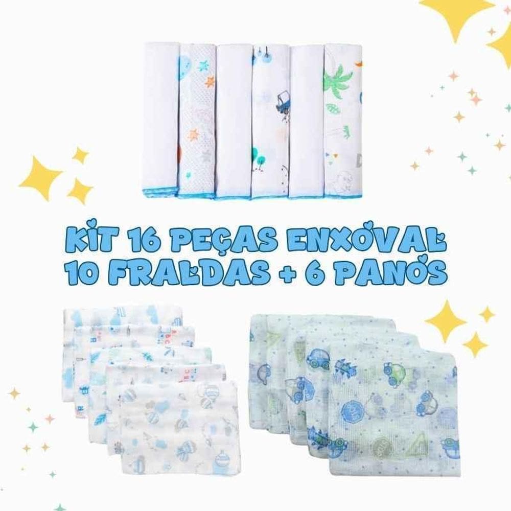 Enxoval Masculino - 10 Fraldas De Pano + 6 Paninhos De Boca