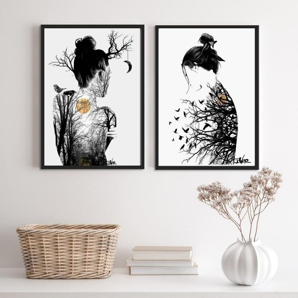 Quadros Mulheres Árvore Pássaros Lua 33x24cm - Branca