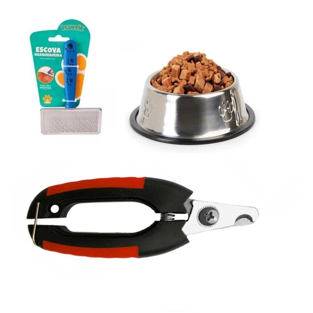 Kit Comedouro Inox Alicate Unha Pet E Rasqueadeira Cao Gato