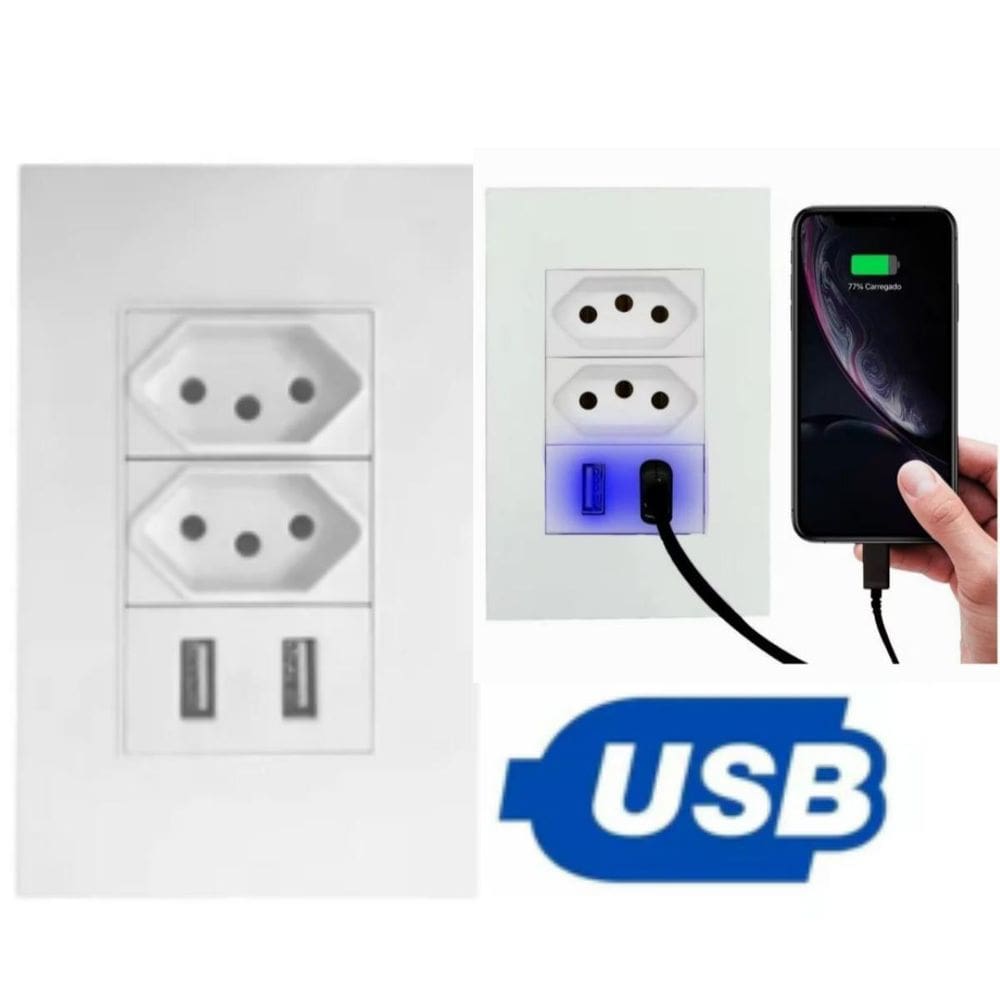 Espelho Tomada Duplo Usb Entrada 3 Pinos Bivolt Carregador