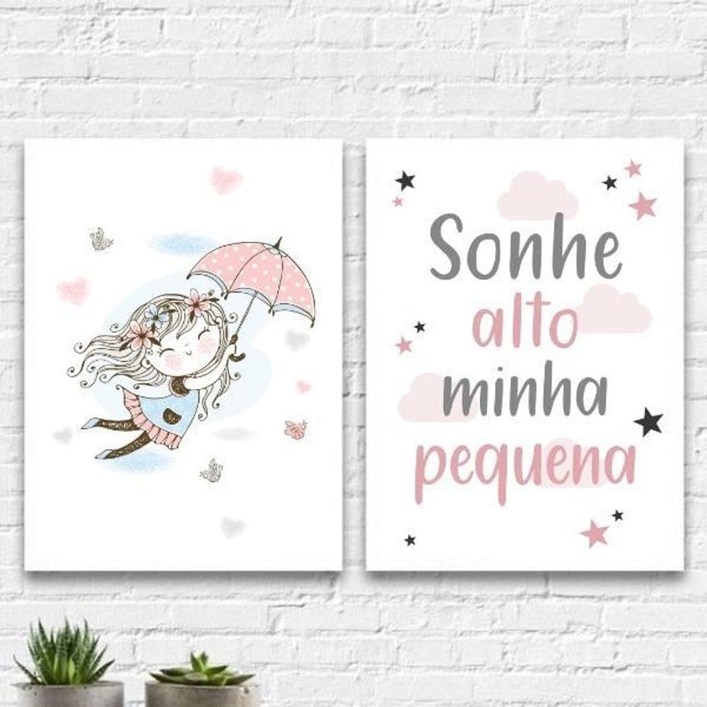Kit 2 Quadros Quarto Infantil Menina 45X34Cm Madeira Branca
