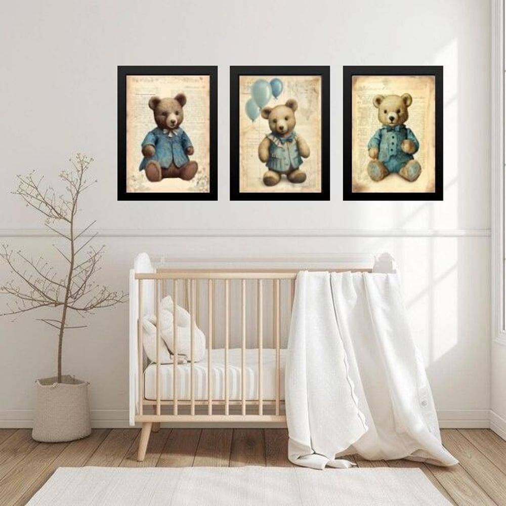 Kit 3 Quadros Quarto Bebê Ursos Vintage 24X18Cm