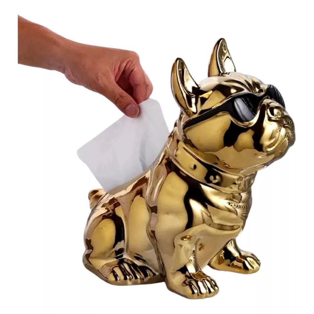 Porta Guardanapo Cerâmica Bulldog Romeu Dourado 24X17X24
