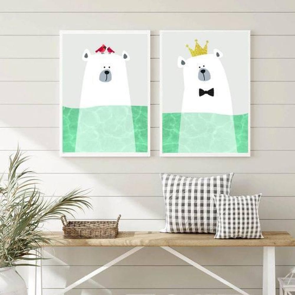 Kit 2 Quadros Sea Bear 33X24Cm - Com Vidro Moldura Branca