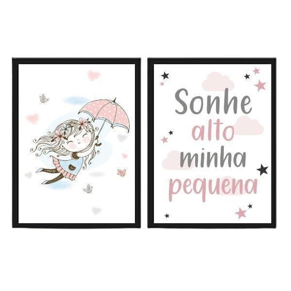 Kit 2 Quadros Quarto Infantil Menina 45X34Cm - Madeira Preta
