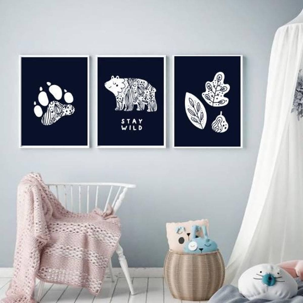 Kit 3 Quadros Urso Escandinavo Stay Wild 34x23Cm