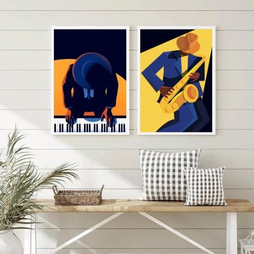 Quadros Decor Musicos Sax/Piano 24x18cm - Madeira Branca