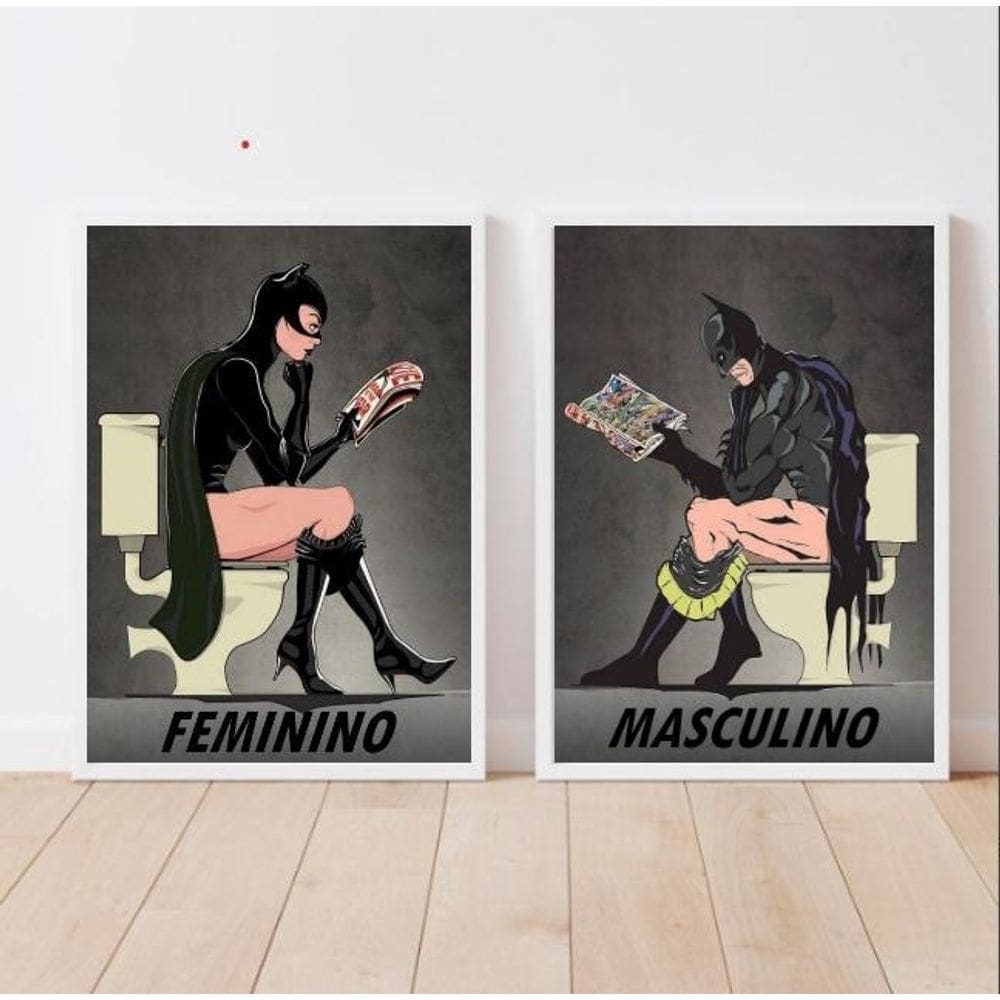 Kit 2 Quadros Banheiro Masc/Fem 24x18cm - Madeira Branca