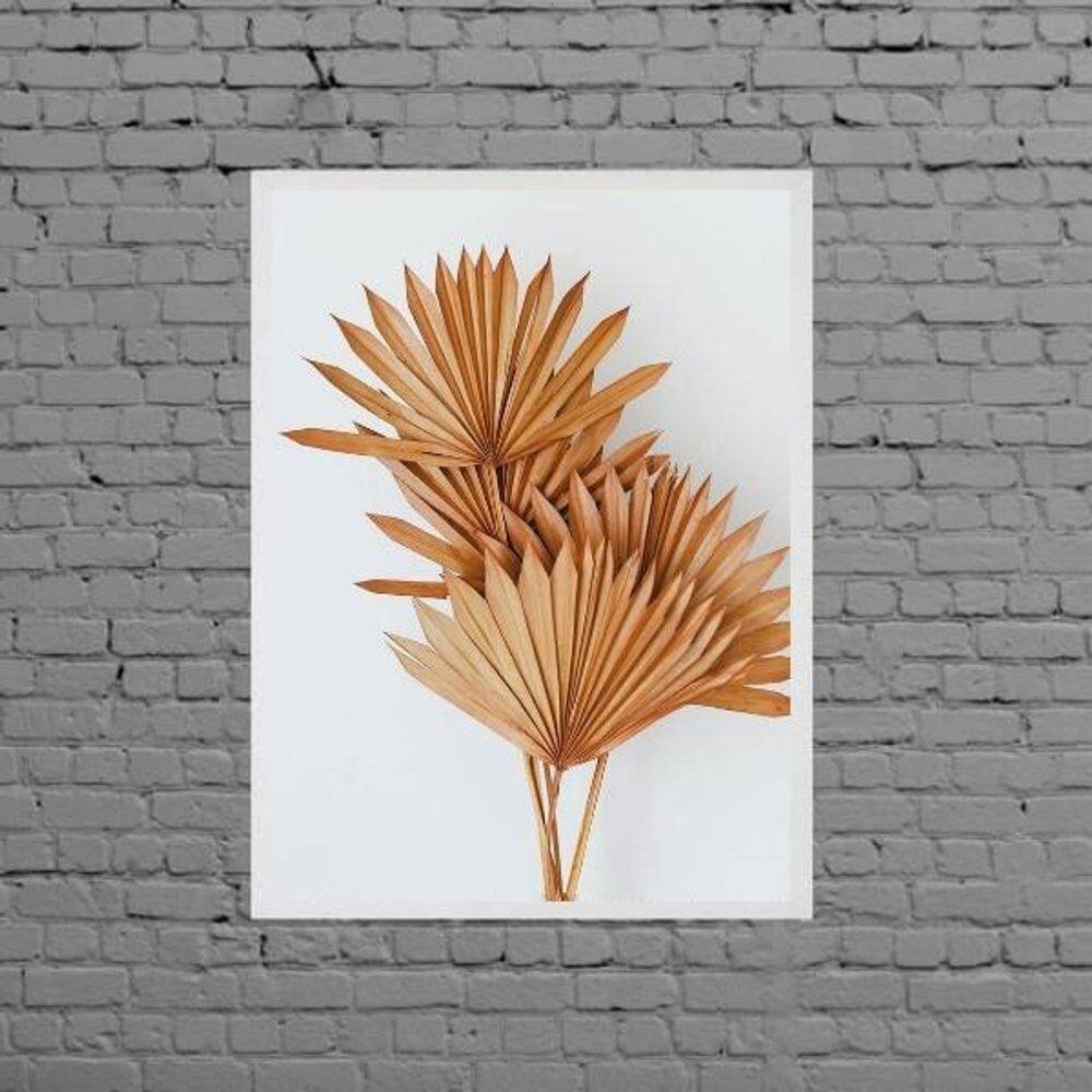 Quadro Folhas Leque Secas Marrom Moldura Branca 24X18Cm