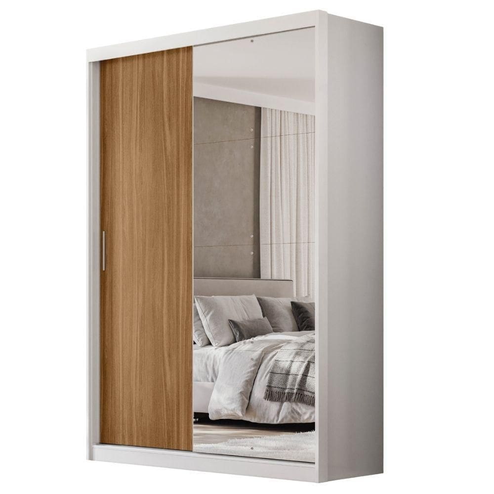 Guarda Roupas Solteiro Com Espelho 2 Portas De Correr 4 Gavetas Riva Flex Off White/madeirado Touch