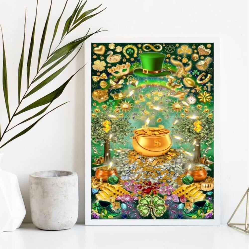 Quadro Prosperidade Pote de Ouro 45x34cm Moldura Branca