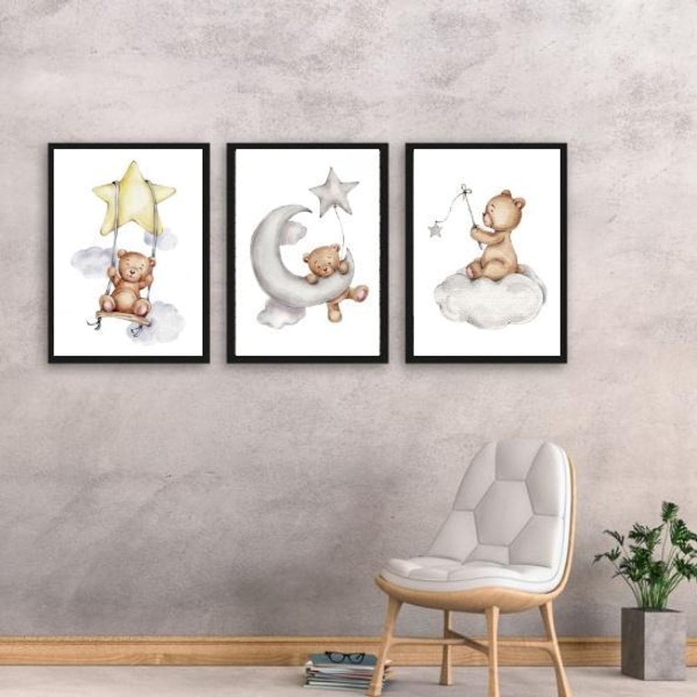 Kit 3 Quadros Para Quarto De Bebê Ursinhos 45X34Cm