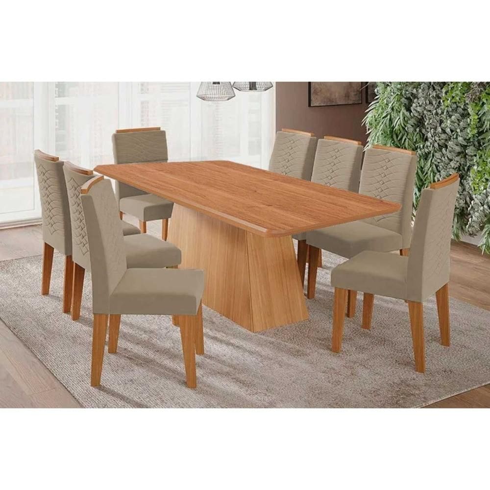 Conjunto: Mesa Sala Jantar Helena Tampo Madeirado 210x100cm e 8 Cadeiras Clarice Cinamomo - Carvalho/Linho Bege Cimol